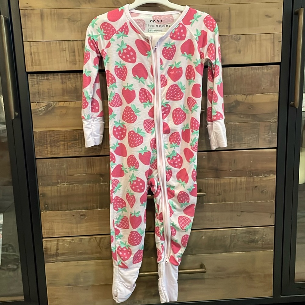 Little Sleepies pink strawberry print. Size 6-12 month zippie